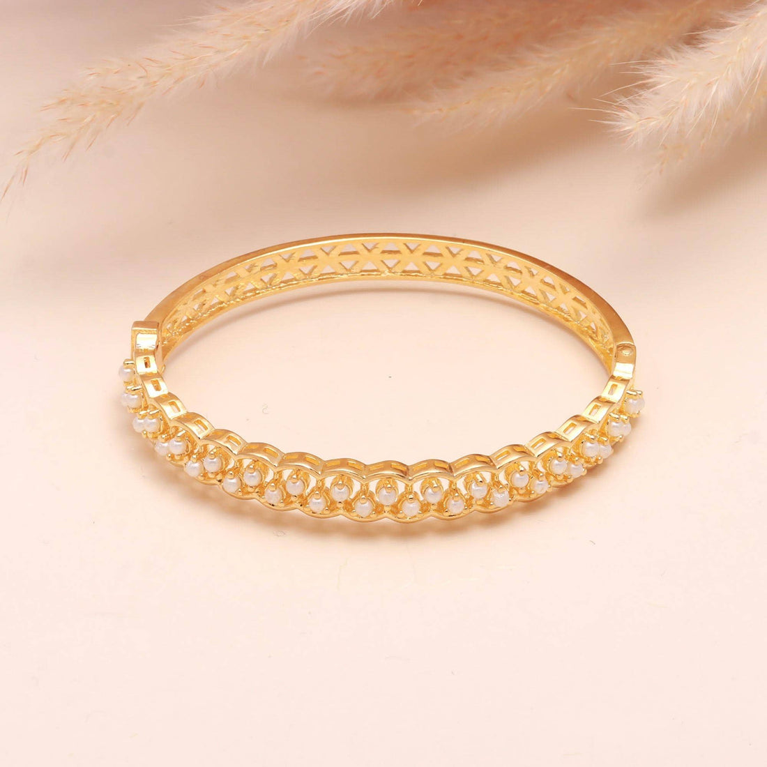 22K Gold Plated Openable Pearl Kada Bracelet | Brass Freshwater White Pearl Bracelet | Bridal Gift | Festive Bracelet | Adjustable Bracelet — 2