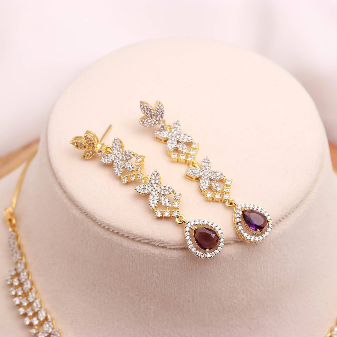 Premium 22K Gold Plated Pear African Amethyst Necklace Set | CZ Teardrop Bridal Statement Jewelry | Gift For Her | Queen Necklace — 5