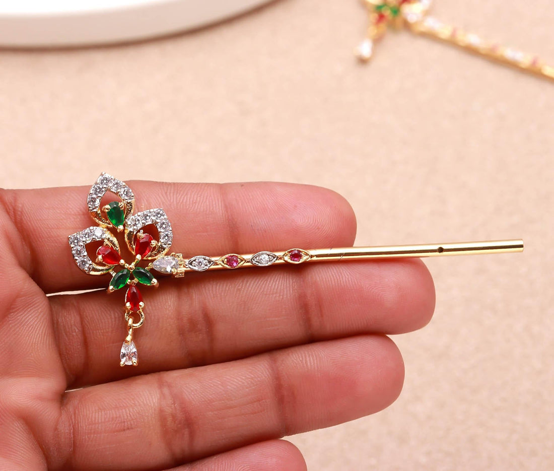 Krishna Ladu Gopal Basuri Ruby Emerald CZ |Gold Plated Brass Flute Design |Janmashtami Pooja Temple Decoration |Traditional Religious Decor — 2