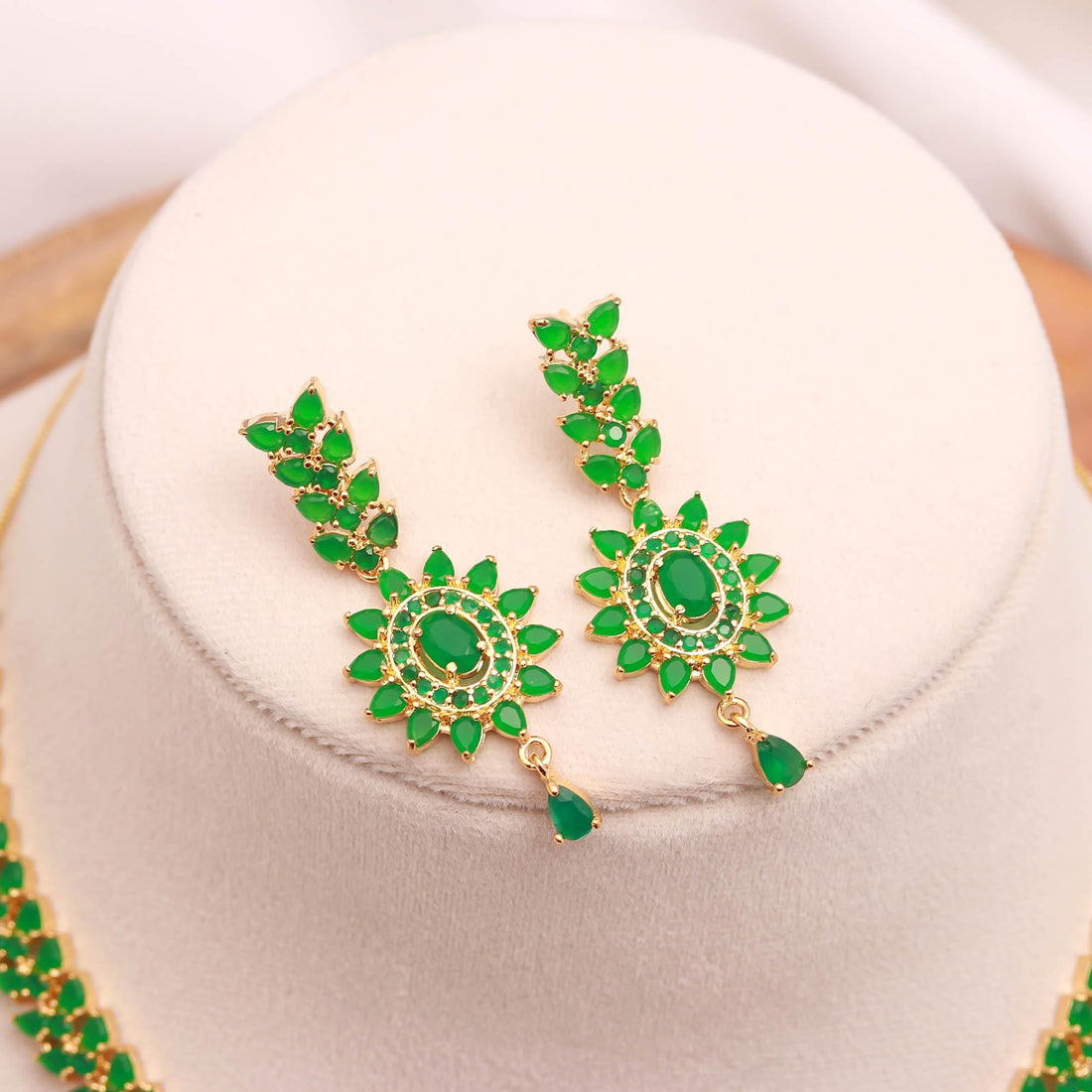 Emerald Pendant Style Gemstone Necklace Set | 22K Gold Plated Brass Marquise Oval Bridal Wedding Statement Jewelry | Gift For Her — 3