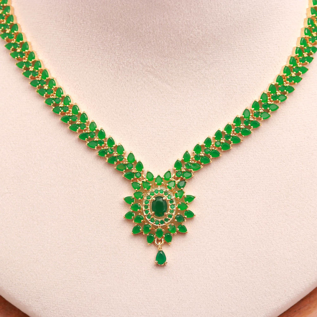 Emerald Pendant Style Gemstone Necklace Set | 22K Gold Plated Brass Marquise Oval Bridal Wedding Statement Jewelry | Gift For Her — 4