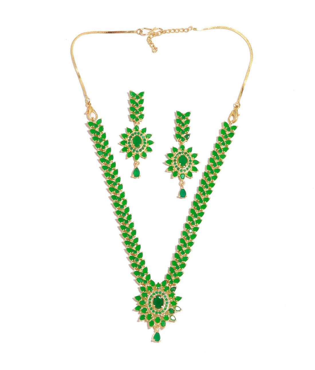 Emerald Pendant Style Gemstone Necklace Set | 22K Gold Plated Brass Marquise Oval Bridal Wedding Statement Jewelry | Gift For Her — 5