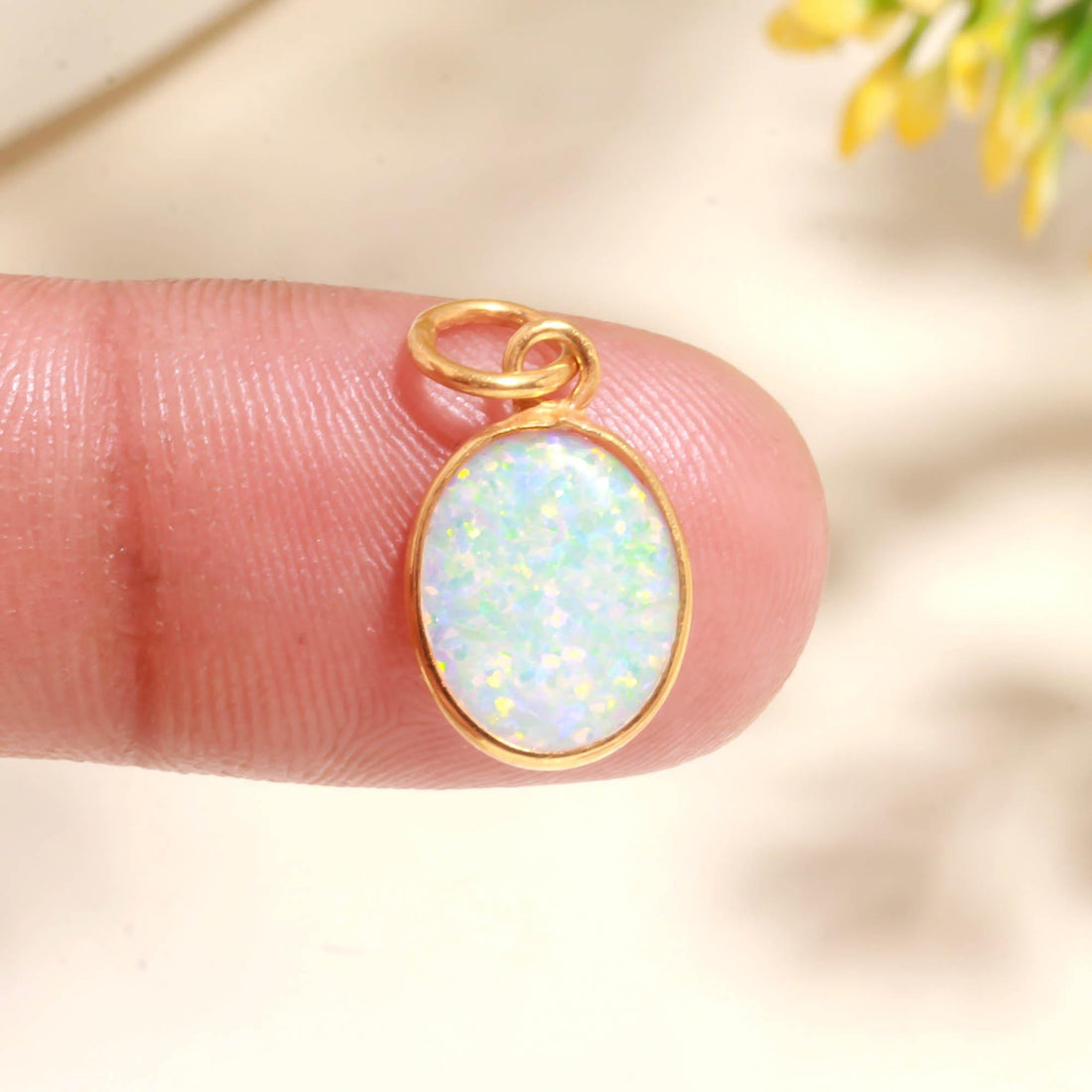 14k Solid Gold Opal Charm, 10x12mm Oval Cabochon Pendant, Genuine October Birthstone Jewelry Gift for Her, Dainty Minimalist Charm — 5