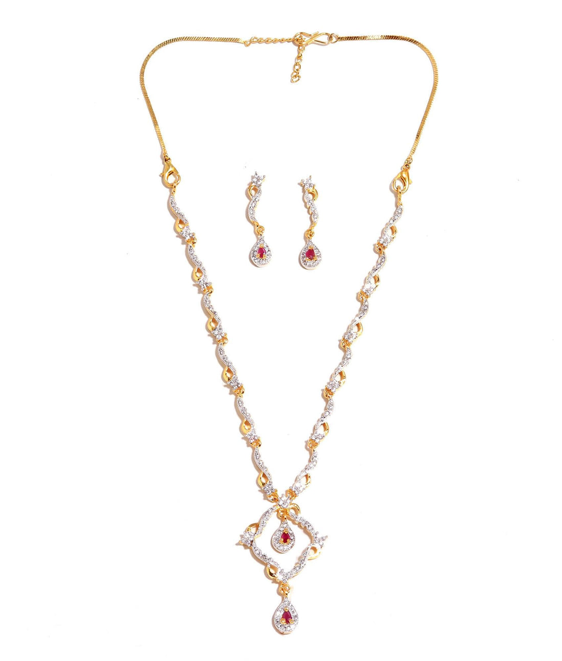 Minimal Ruby CZ Necklace Set | 22K Gold Plated Brass Diamond Necklace | Bridal Wedding Jewelry | Elegant Party Wear Necklace | Gift for Her — 5