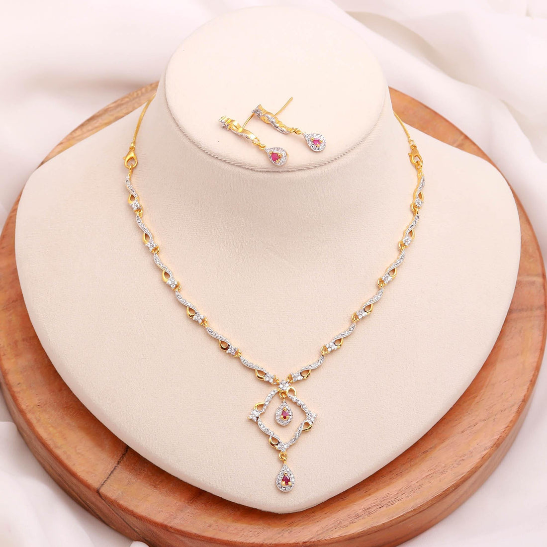 Minimal Ruby CZ Necklace Set | 22K Gold Plated Brass Diamond Necklace | Bridal Wedding Jewelry | Elegant Party Wear Necklace | Gift for Her