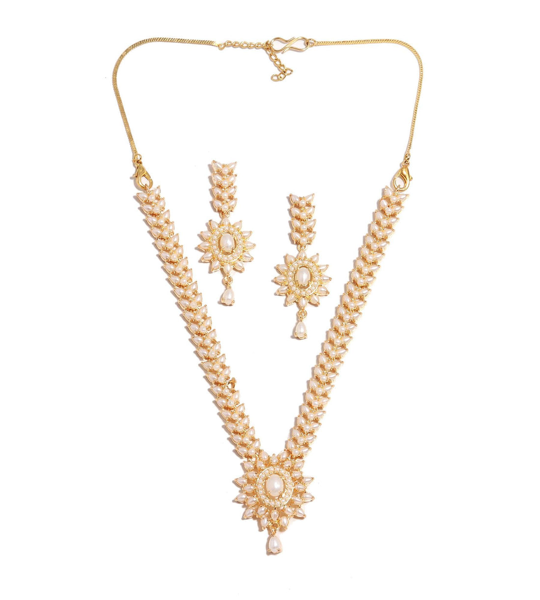 Pearl Pendant Style Gemstone Necklace Set | 22K Gold Plated Brass Marquise Oval Bridal Jewelry | Wedding Statement | Gift for Her — 3