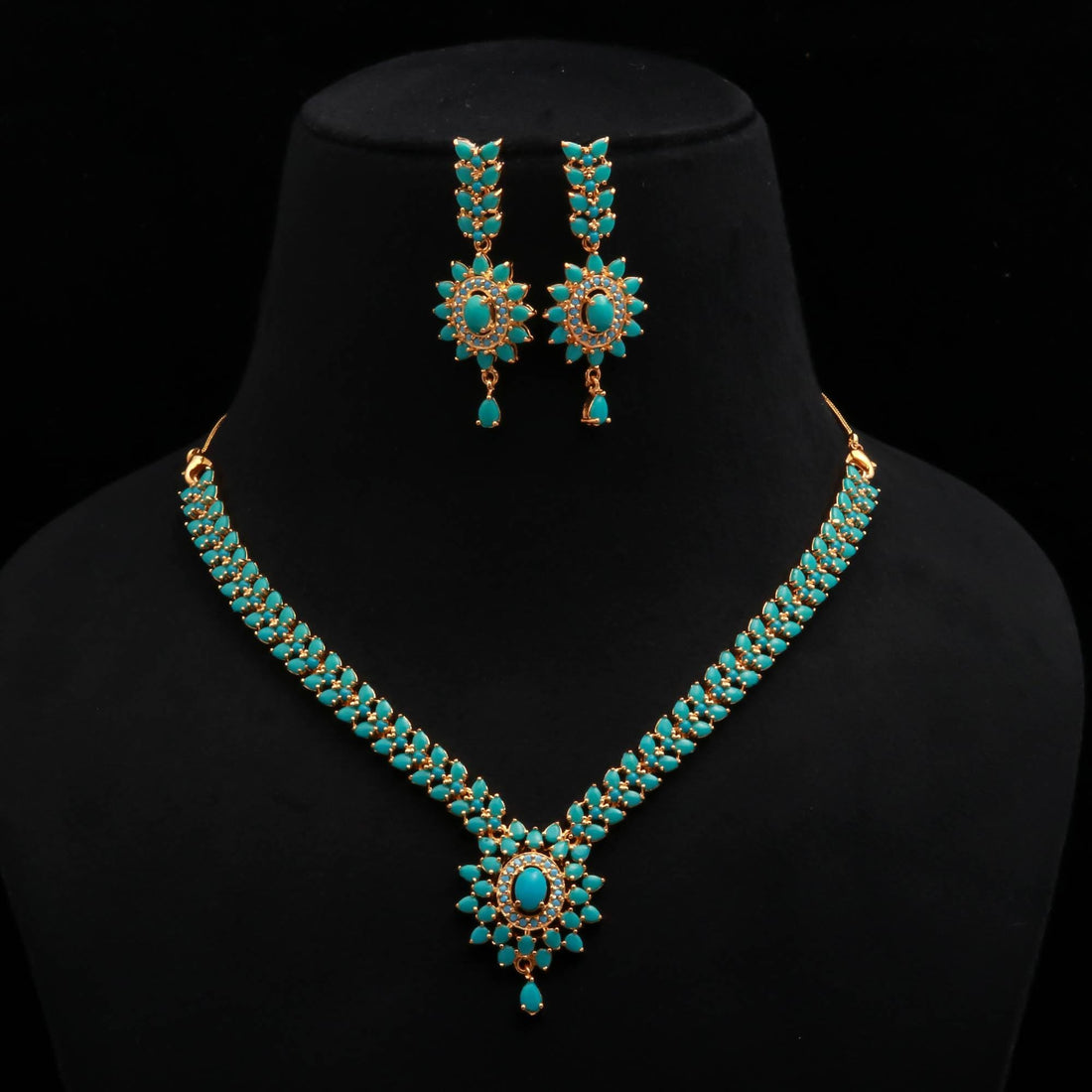 Turquoise Pendant Style Gemstone Necklace Set | 22K Gold Plated Brass Marquise Oval Bridal Jewelry | Wedding Party Wear | Gift for Her