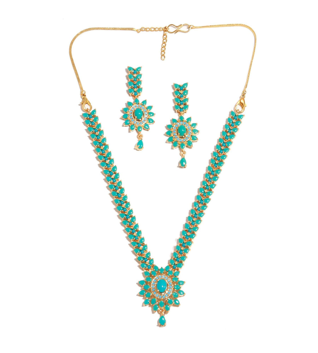Turquoise Pendant Style Gemstone Necklace Set | 22K Gold Plated Brass Marquise Oval Bridal Jewelry | Wedding Party Wear | Gift for Her — 4