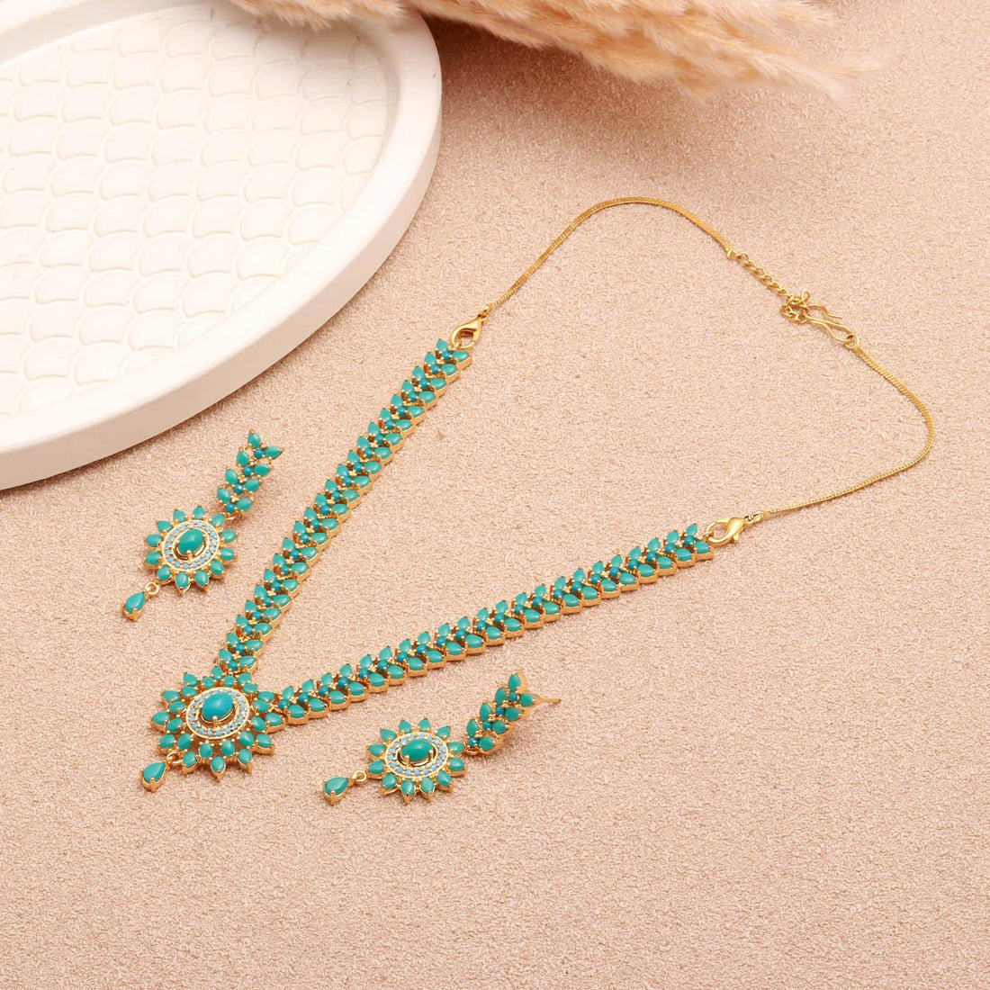 Turquoise Pendant Style Gemstone Necklace Set | 22K Gold Plated Brass Marquise Oval Bridal Jewelry | Wedding Party Wear | Gift for Her — 3