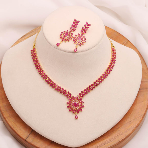 Ruby Pendant Style Gemstone Necklace Set | 22K Gold Plated Brass Marquise Oval Bridal Wedding Jewelry | Gift For Her