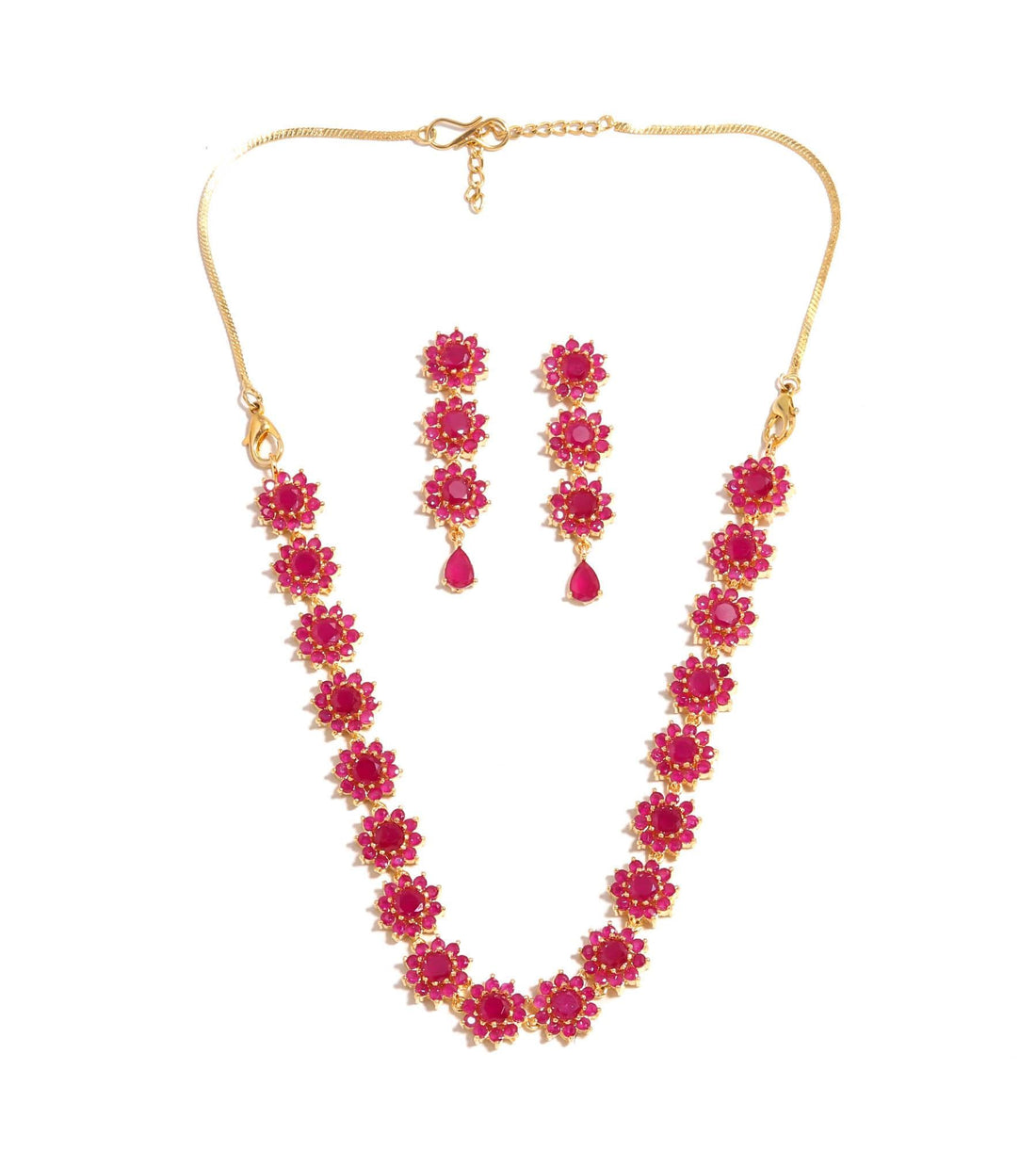 Floral Elegant Ruby Necklace Set | 22K Gold Plated Brass Round Bridal Wedding Traditional Jewelry | Gift For Her — 3