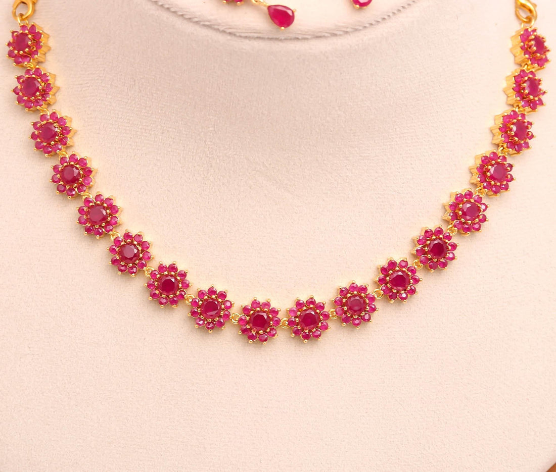 Floral Elegant Ruby Necklace Set | 22K Gold Plated Brass Round Bridal Wedding Traditional Jewelry | Gift For Her — 4