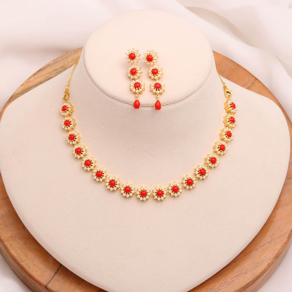Floral Elegant Coral & Pearl Necklace Set | 22K Gold Plated Brass | Round Stone Bridal Wedding Jewelry | Festive Necklace  | Gift for Her