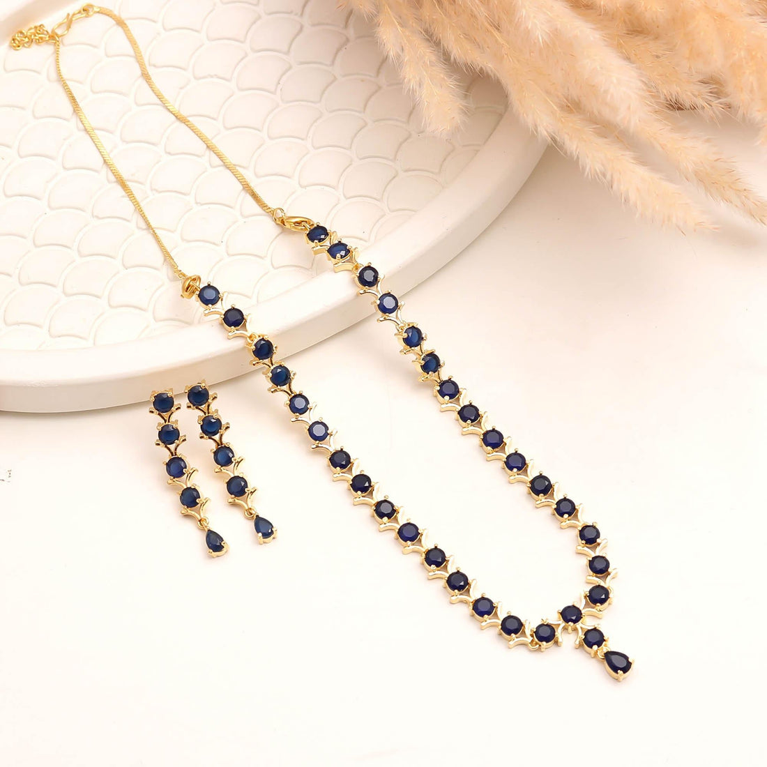 Minimalist Blue Sapphire Gemstone Necklace Set | 22K Gold Plated Brass Classic Necklace for Women | Party Wear Jewellery | Bridal Jewellery — 2