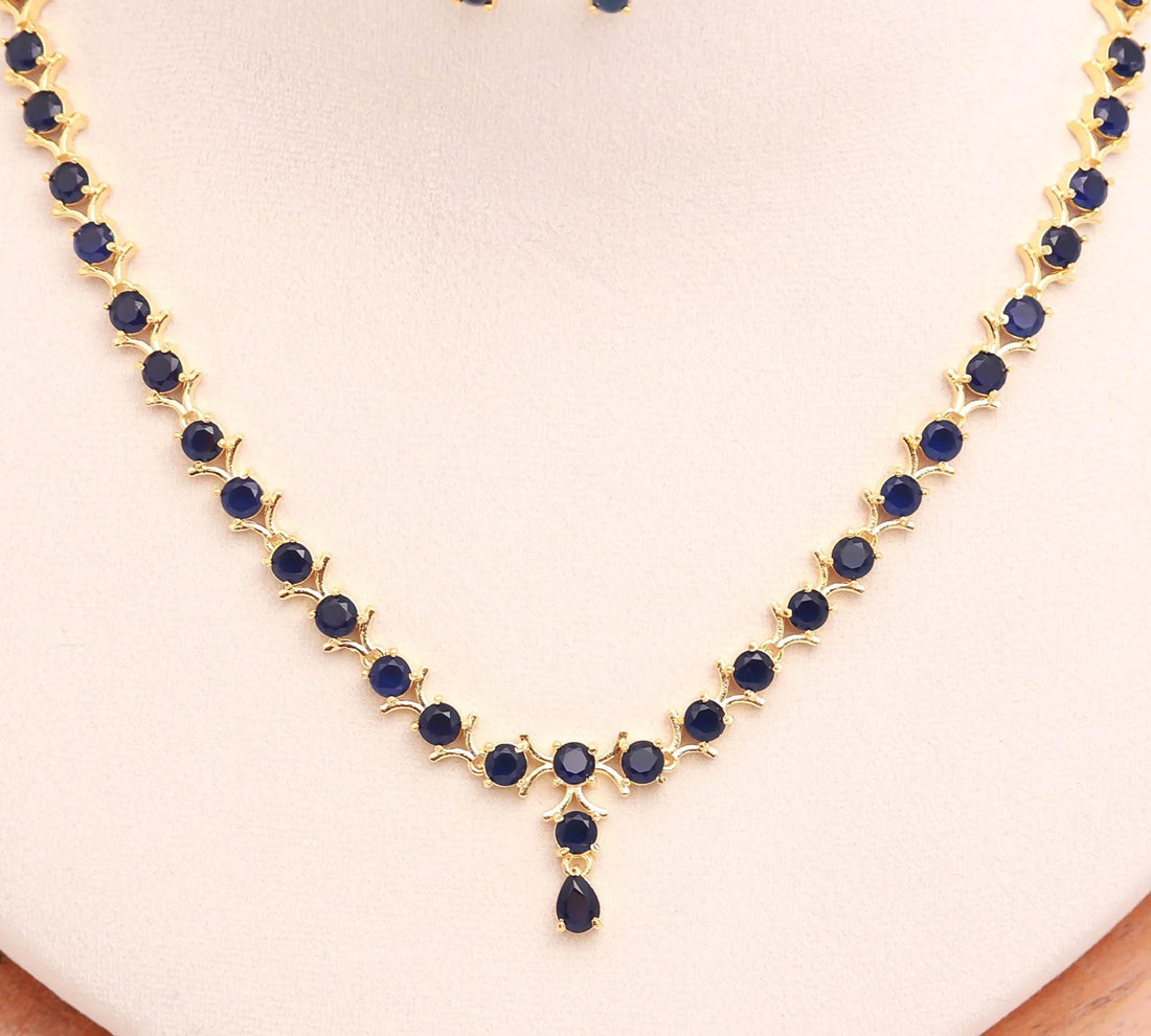 Minimalist Blue Sapphire Gemstone Necklace Set | 22K Gold Plated Brass Classic Necklace for Women | Party Wear Jewellery | Bridal Jewellery — 3