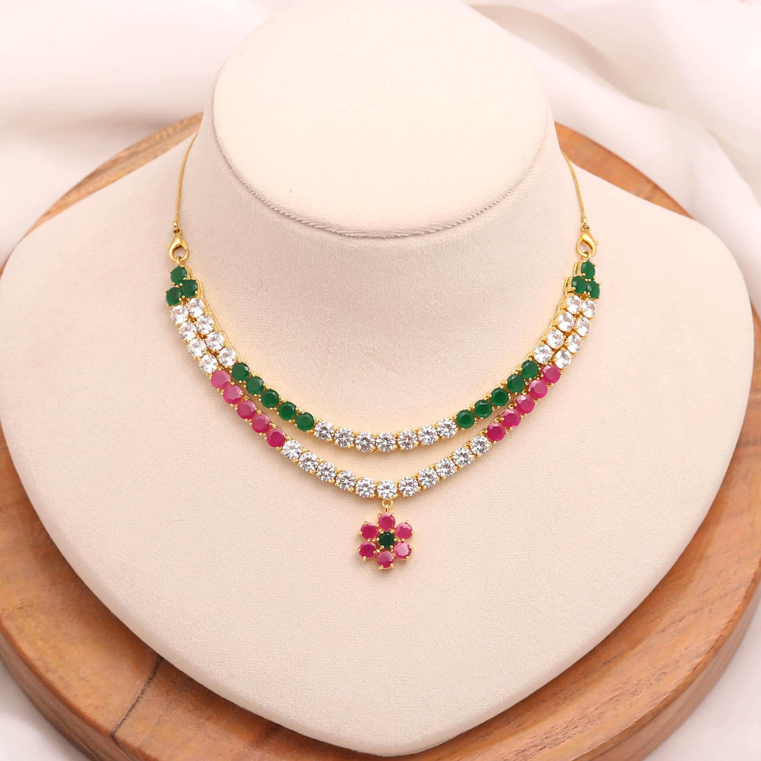 Krishna Ladu Gopal Necklace | Ruby Emerald White CZ Kanthi Mala | 22K Gold Plated Brass Idol Shringar | Janmashtami Pooja Temple Decoration — 3
