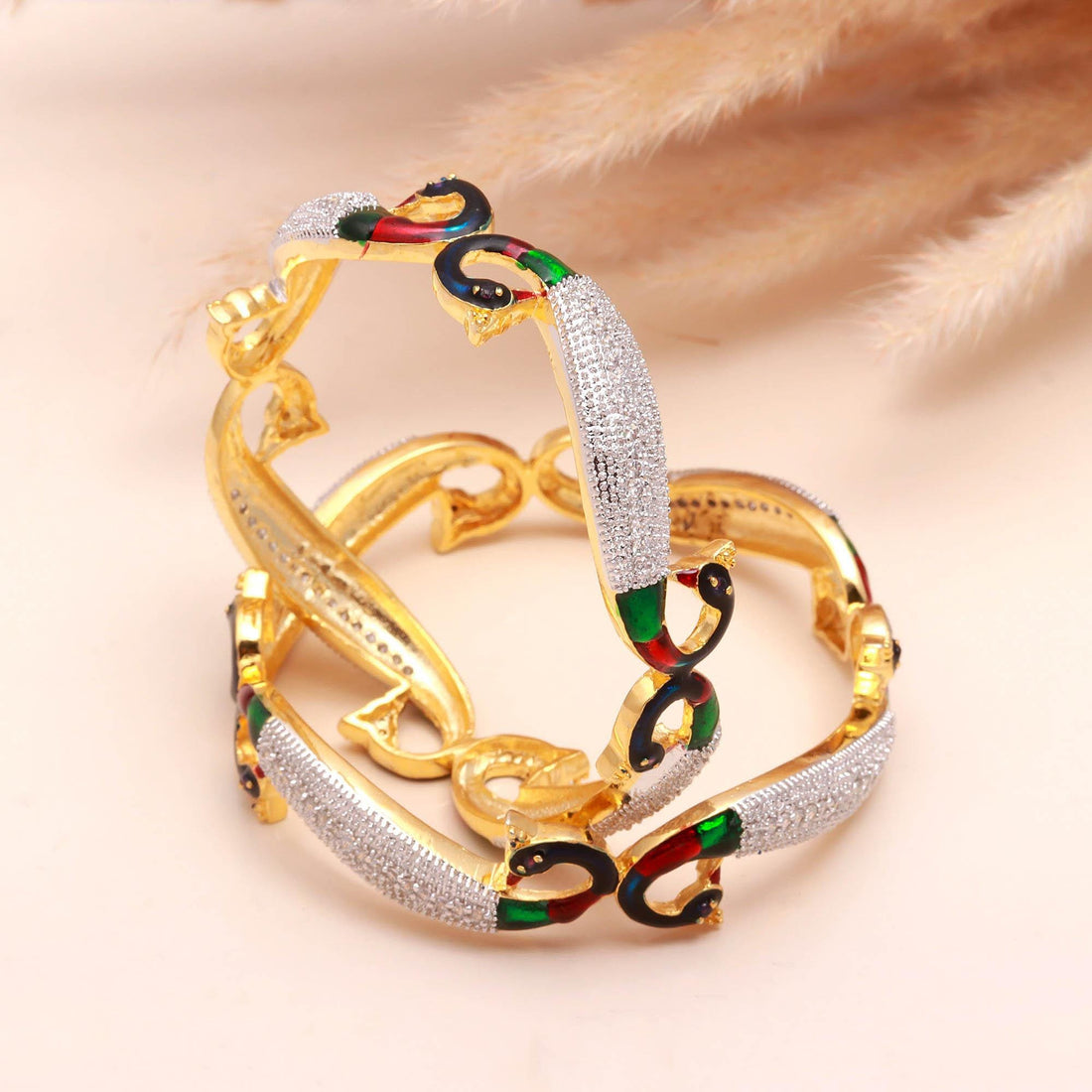 22K Gold Plated CZ Peacock Enamel Bangle Bracelet | Traditional Bridal Jewelry | Wedding Festive Party Wear | Ethnic Bangle | Gift for Her — 2