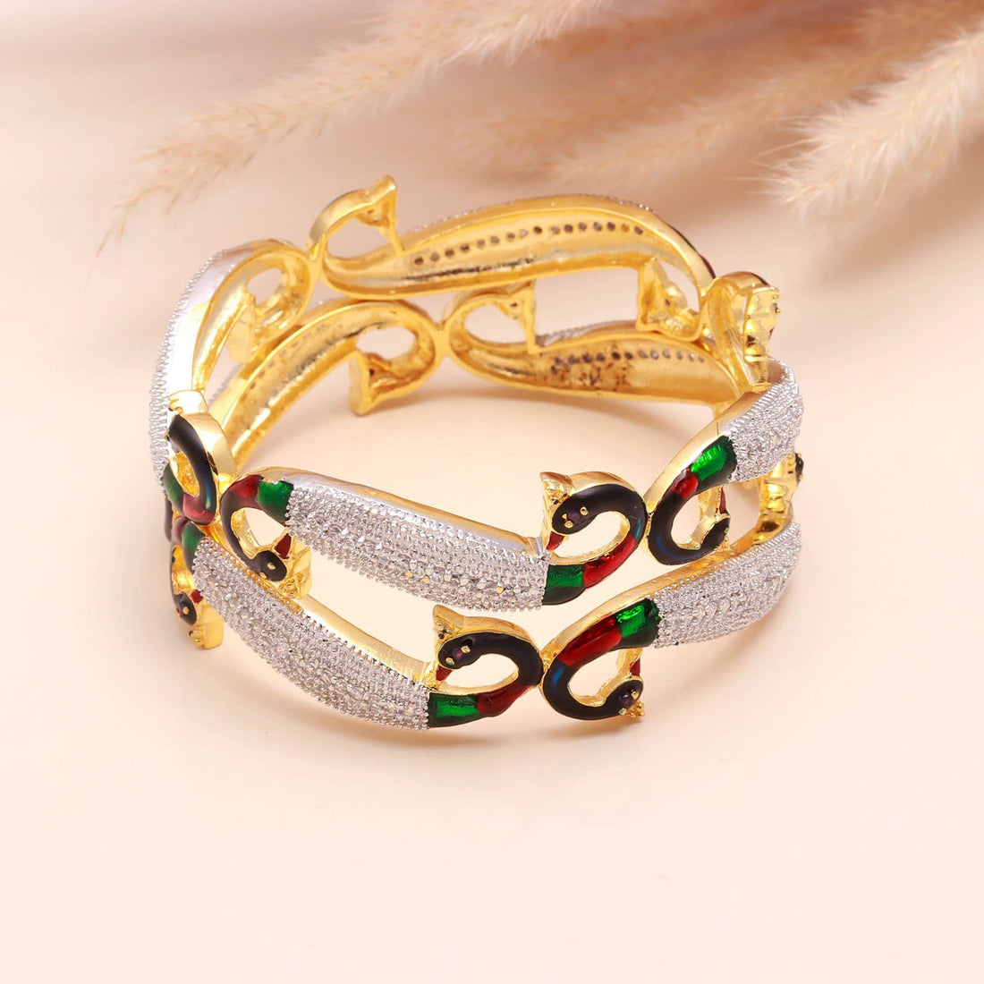 22K Gold Plated CZ Peacock Enamel Bangle Bracelet | Traditional Bridal Jewelry | Wedding Festive Party Wear | Ethnic Bangle | Gift for Her