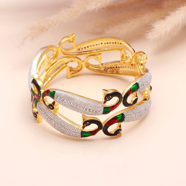 22K Gold Plated CZ Peacock Enamel Bangle Bracelet | Traditional Bridal Jewelry | Wedding Festive Party Wear | Ethnic Bangle | Gift for Her