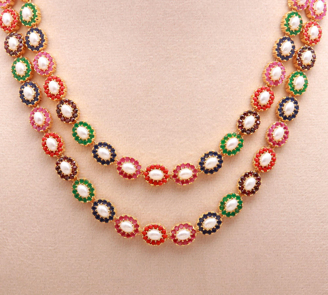 2-Line Multi Gemstone & Pearl Flower Necklace Set | 22K Gold Plated Bridal Wedding Necklace | Traditional Statement Necklace |Gift For Women — 3