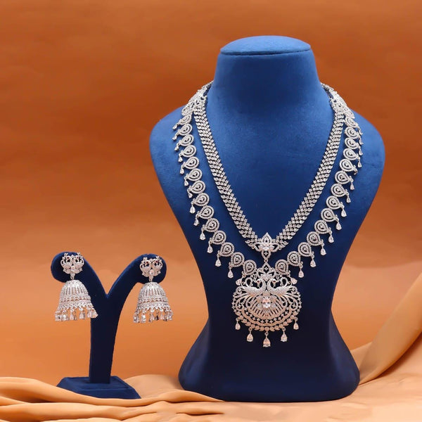 Premium Diamond Look Long Necklace Set | 2 Layer Bridal Jewelry | 18K White Gold Plated Brass Statement Necklace | South Indian Jewelry