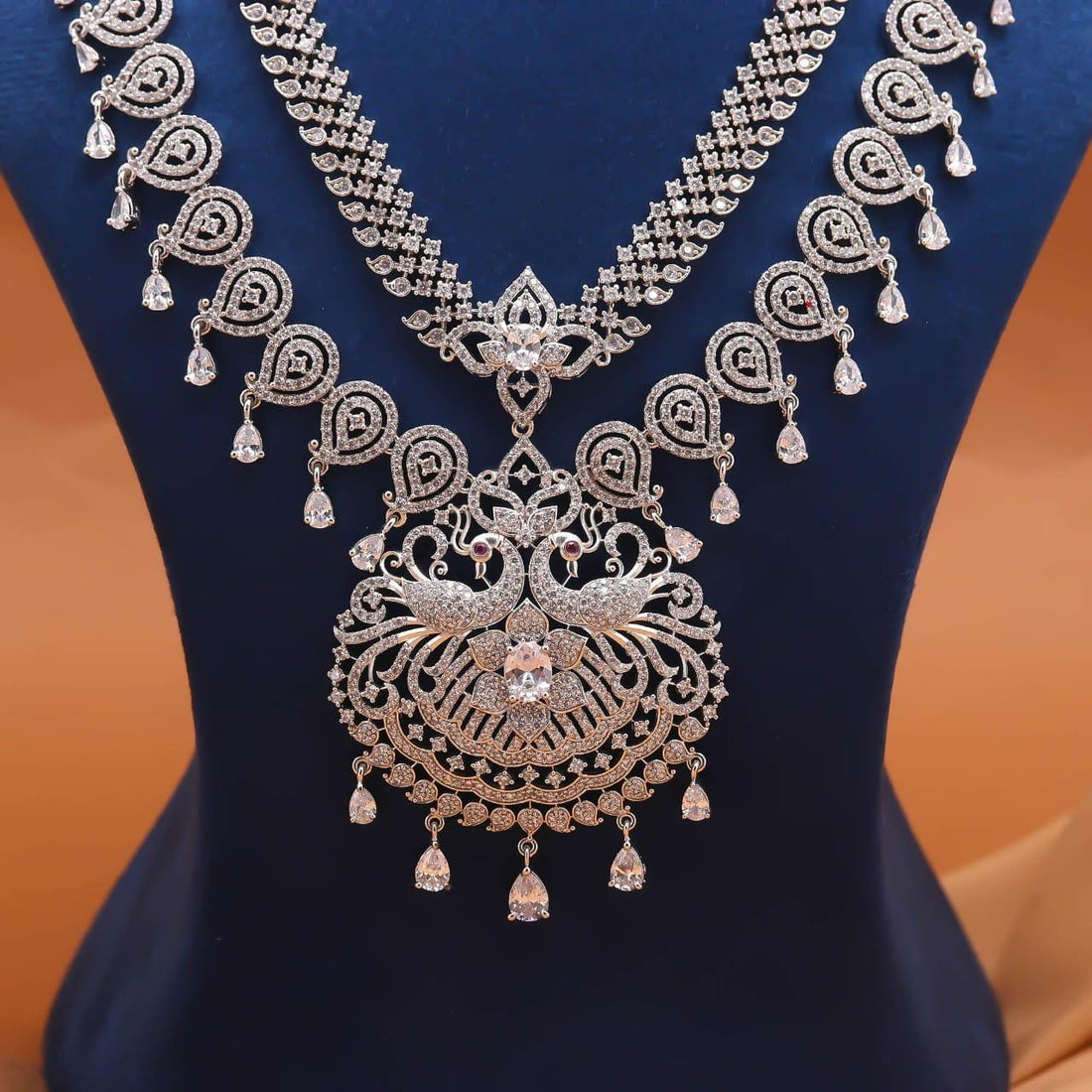 Premium Diamond Look Long Necklace Set | 2 Layer Bridal Jewelry | 18K White Gold Plated Brass Statement Necklace | South Indian Jewelry — 2