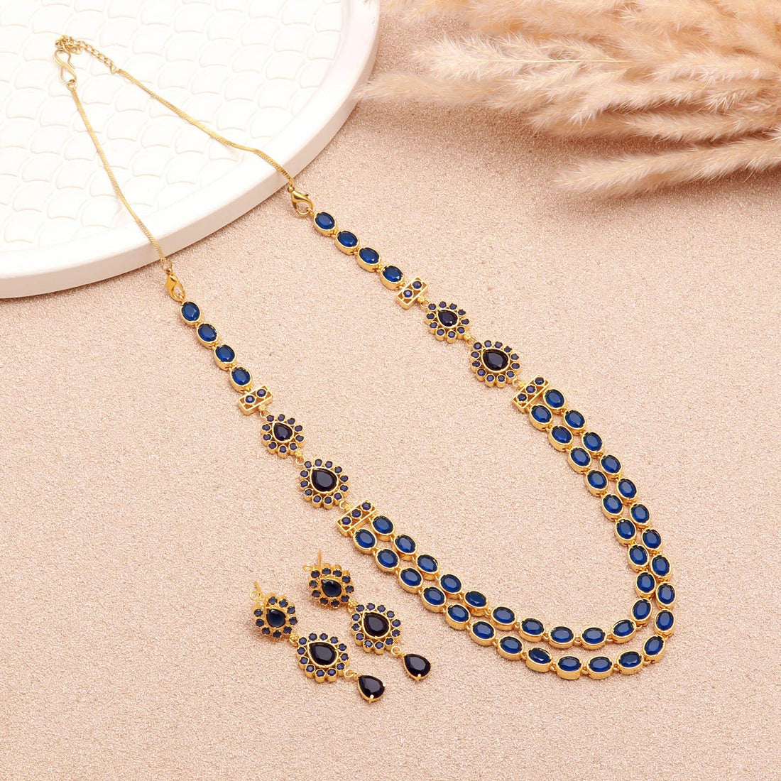 2-Line Long Blue Sapphire Oval Necklace Set | 22K Gold Plated Bridal Necklace | Traditional Indian Statement Necklace | Gift For Women