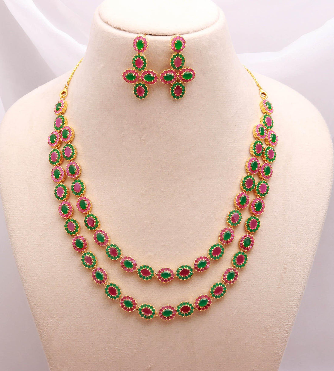 22K Gold Plated 2-Layer Multi Gemstone Flower Necklace Set | Emerald Ruby Bridal Wedding Statement Jewelry | Festive Necklace | Gift For Her — 2