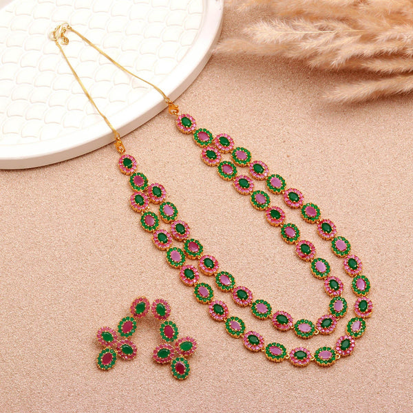 22K Gold Plated 2-Layer Multi Gemstone Flower Necklace Set | Emerald Ruby Bridal Wedding Statement Jewelry | Festive Necklace | Gift For Her
