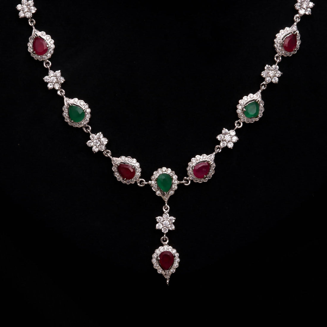 Designer Ruby Emerald CZ Necklace Set | 18K White Gold Plated Indian Bridal Necklace | Wedding Jewelry | Festive Necklace | Gift For Women — 3