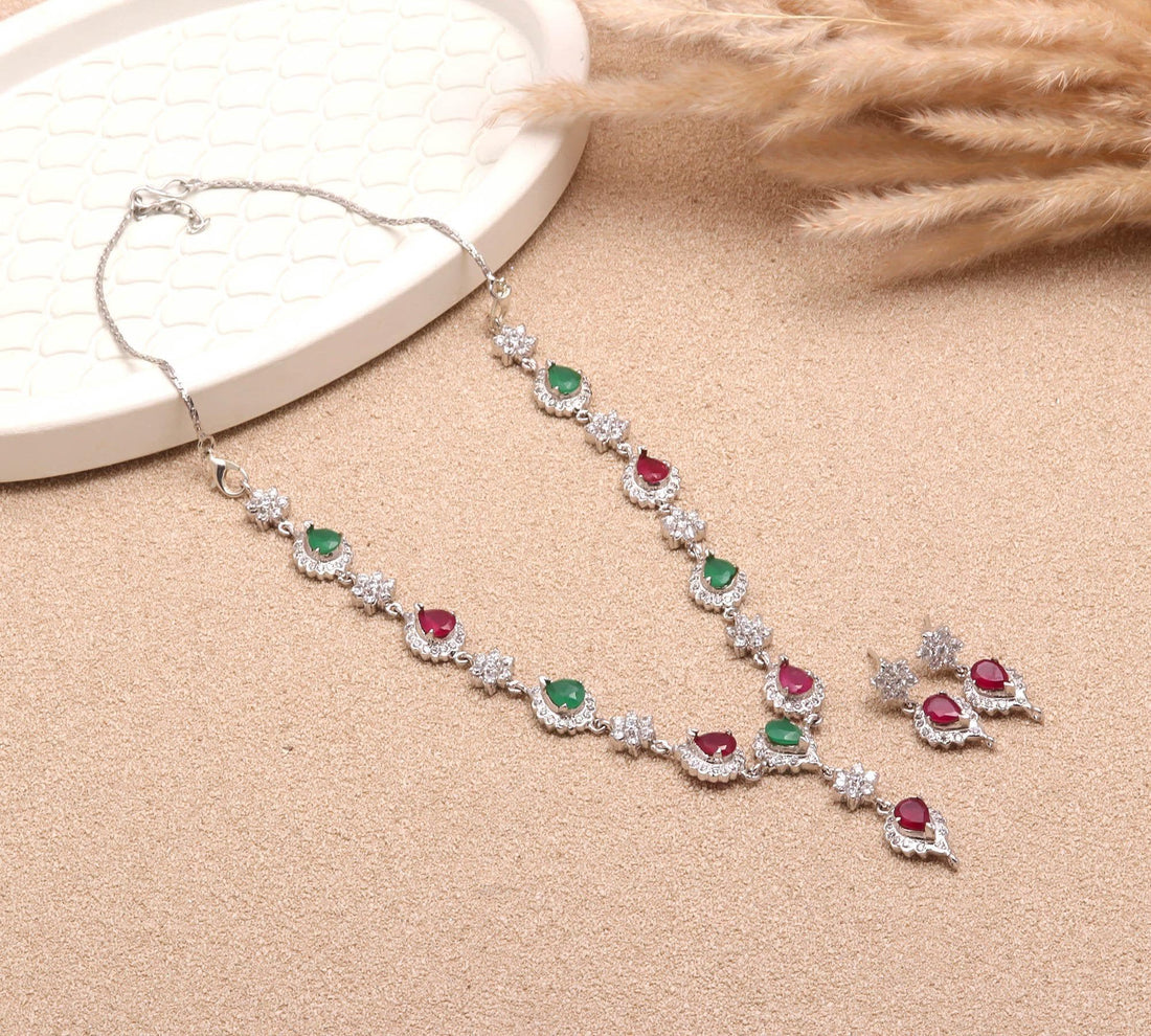 Designer Ruby Emerald CZ Necklace Set | 18K White Gold Plated Indian Bridal Necklace | Wedding Jewelry | Festive Necklace | Gift For Women