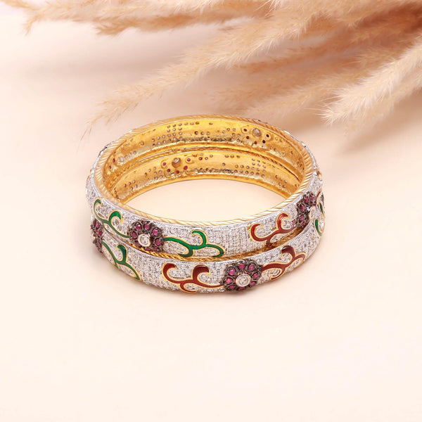 22K Gold Plated Zirconia Enamel Bangle | American Diamond Brass Kada | Bridal Bracelet | Wedding Jewelry | Festive Wear | Gift for Her