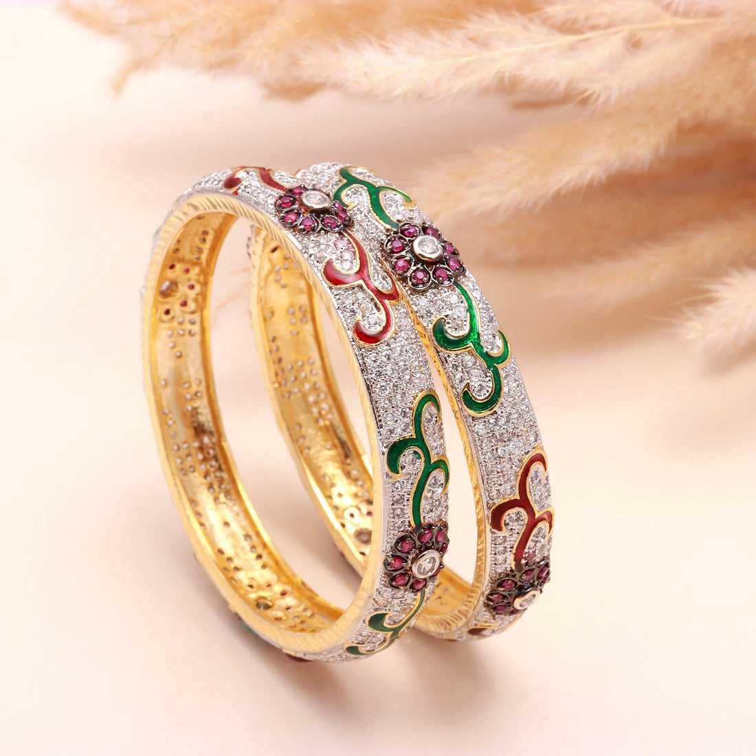 22K Gold Plated Zirconia Enamel Bangle | American Diamond Brass Kada | Bridal Bracelet | Wedding Jewelry | Festive Wear | Gift for Her — 2