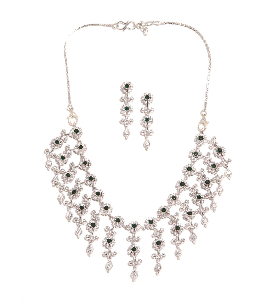 Emerald & CZ Diamond Choker Necklace Set | 18K White Gold Plated Wedding Jewelry | Statement Necklace | Party Wear Necklace | Gift for Women — 5