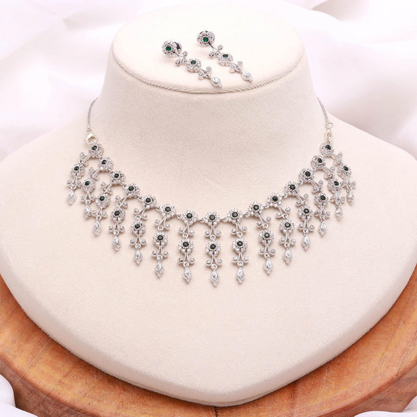 Emerald & CZ Diamond Choker Necklace Set | 18K White Gold Plated Wedding Jewelry | Statement Necklace | Party Wear Necklace | Gift for Women