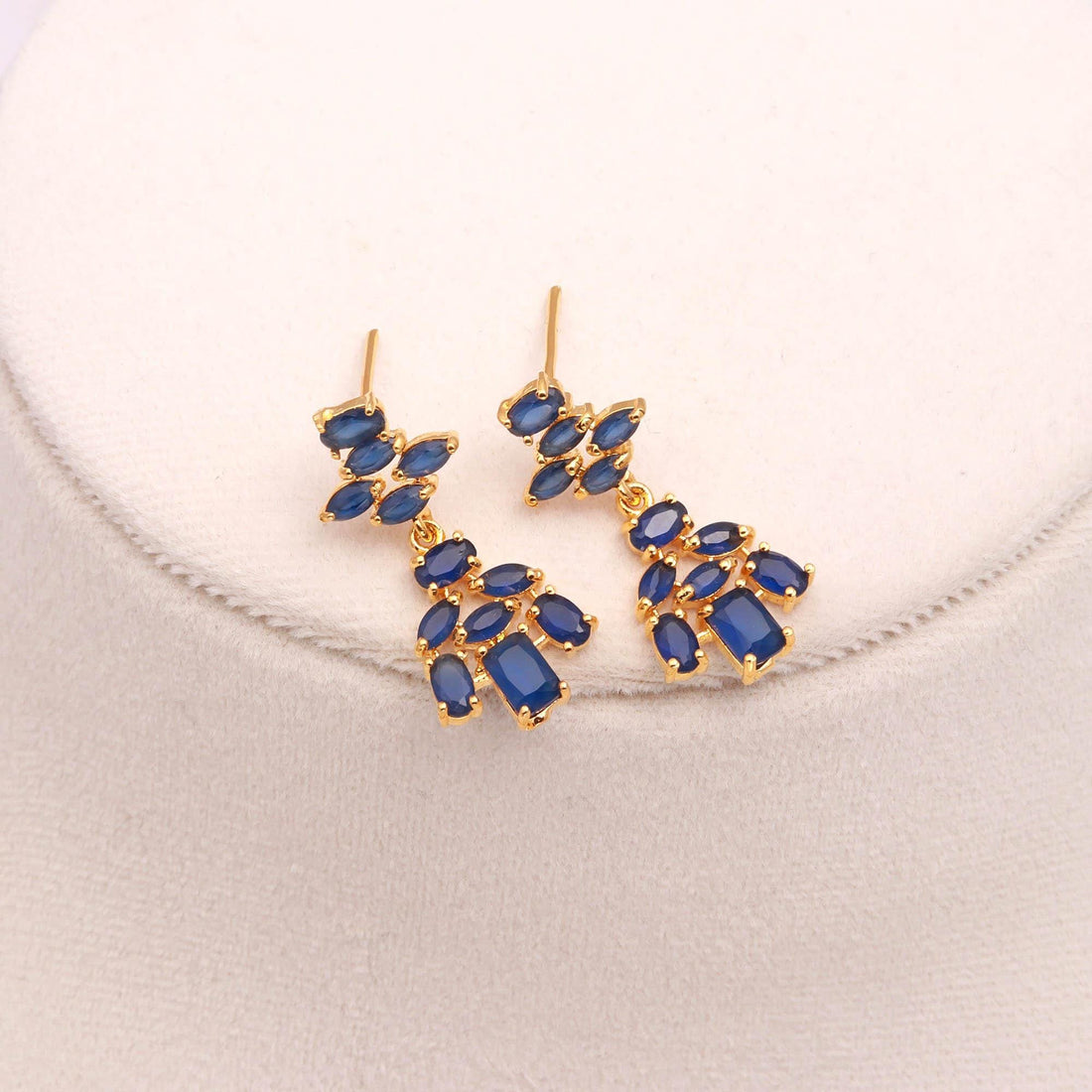 Handcrafted Baguette & Oval Blue Sapphire Drop Necklace Set | 22K Gold Plated Bridal Wedding Necklace | Statement Necklace | Gift for Her — 4
