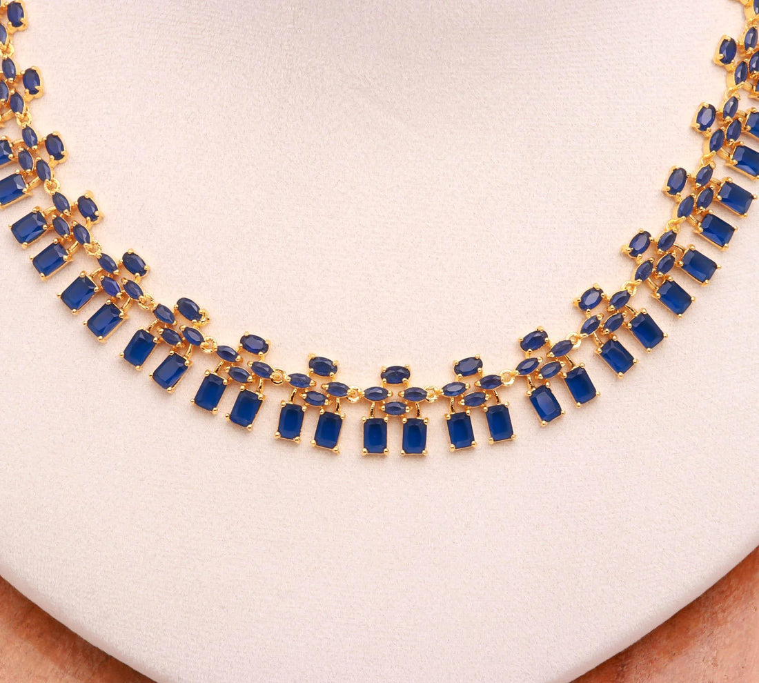 Handcrafted Baguette & Oval Blue Sapphire Drop Necklace Set | 22K Gold Plated Bridal Wedding Necklace | Statement Necklace | Gift for Her — 3