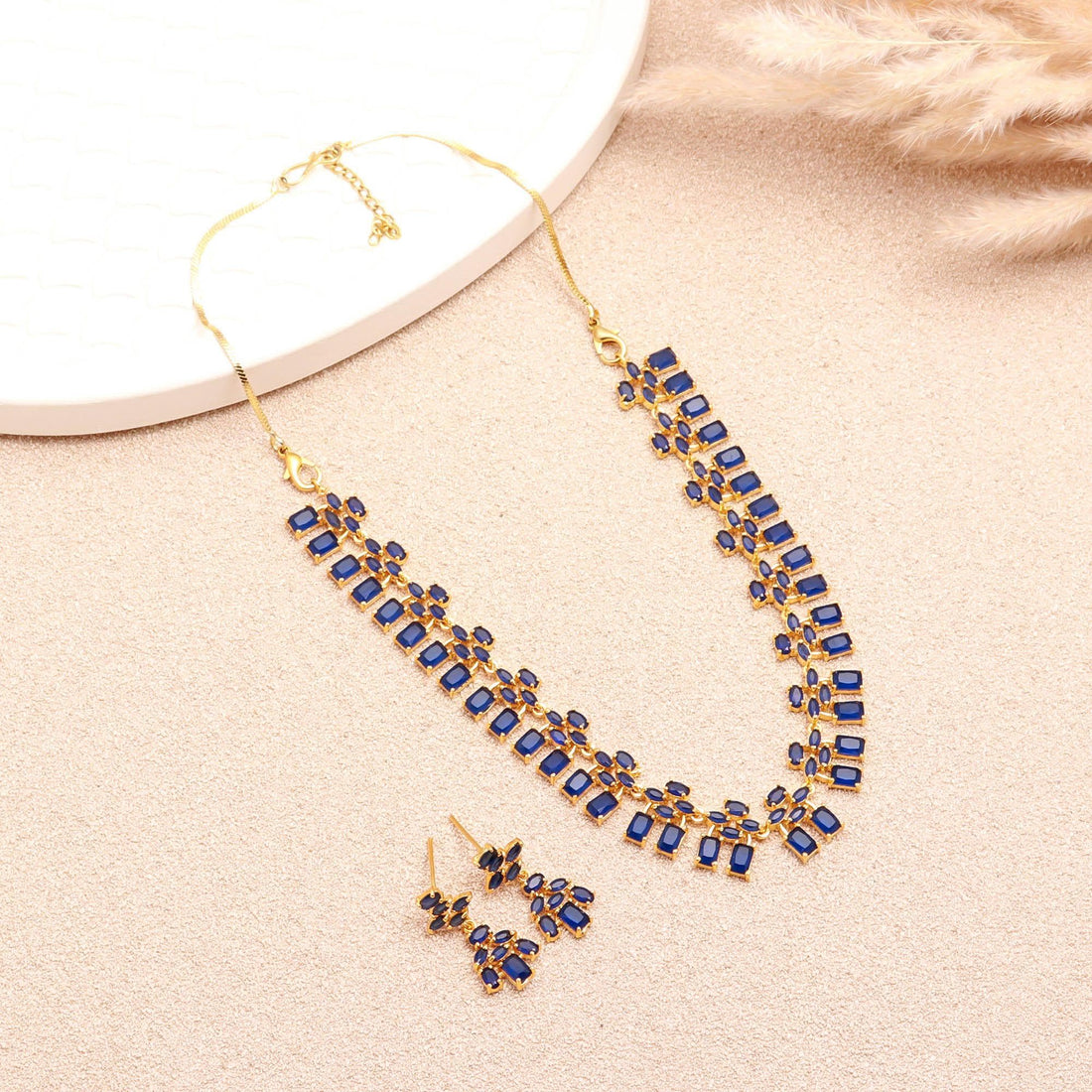 Handcrafted Baguette & Oval Blue Sapphire Drop Necklace Set | 22K Gold Plated Bridal Wedding Necklace | Statement Necklace | Gift for Her — 2