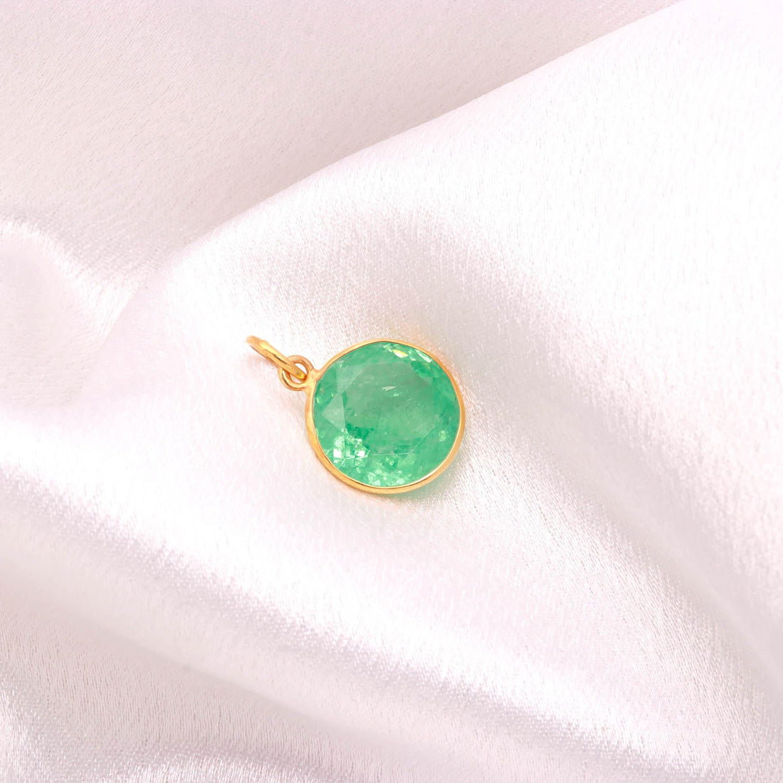 12K Solid Gold Round Emerald Pendant, Lab Created Russian Green Emerald Charm, 14.5mm Round Cut Gemstone, Romantic Anniversary Gift for Her — 3