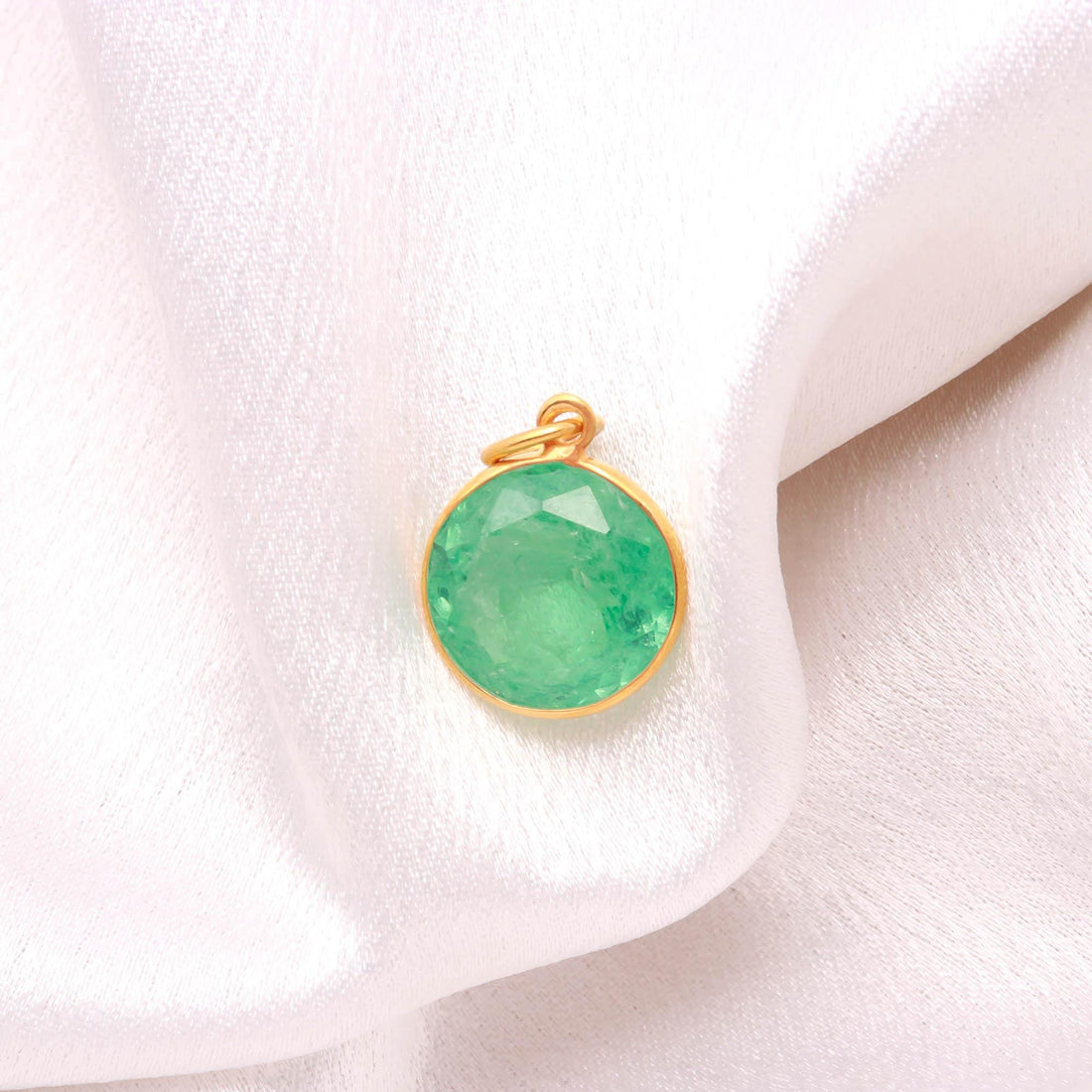 12K Solid Gold Round Emerald Pendant, Lab Created Russian Green Emerald Charm, 14.5mm Round Cut Gemstone, Romantic Anniversary Gift for Her