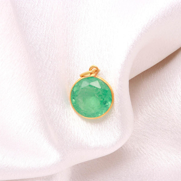 12K Solid Gold Round Emerald Pendant, Lab Created Russian Green Emerald Charm, 14.5mm Round Cut Gemstone, Romantic Anniversary Gift for Her