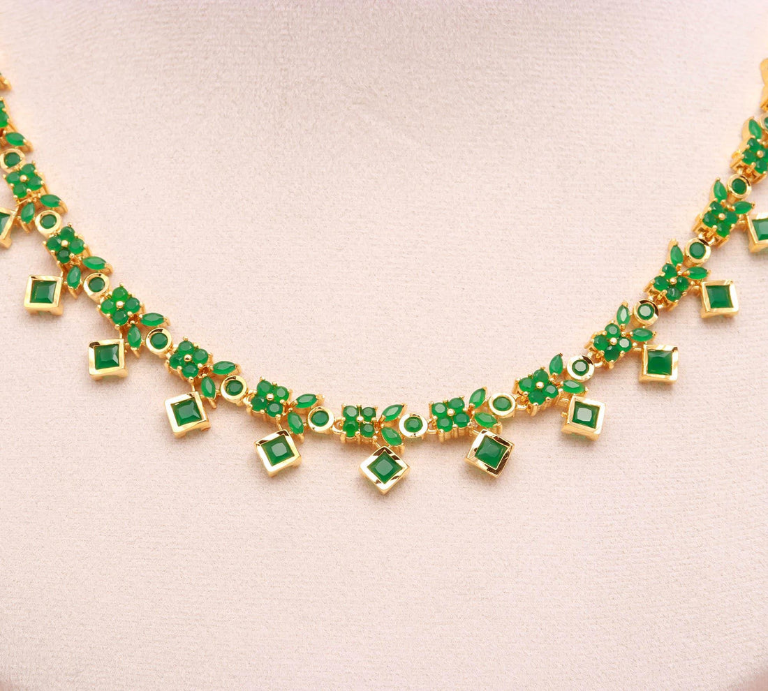 22K Gold Plated Square Emerald Drop Necklace Set with Earrings | Bridal Wedding Necklace | Traditional Indian Necklace  | Gift for Her — 4