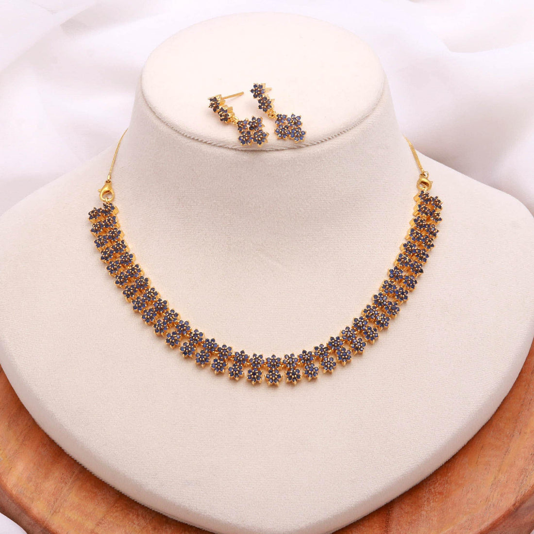 Floral Blue Sapphire Necklace Set with Earrings | 22K Gold Plated South Indian Bridal Wedding Necklace |  Statement Jewelry |Gift for Women