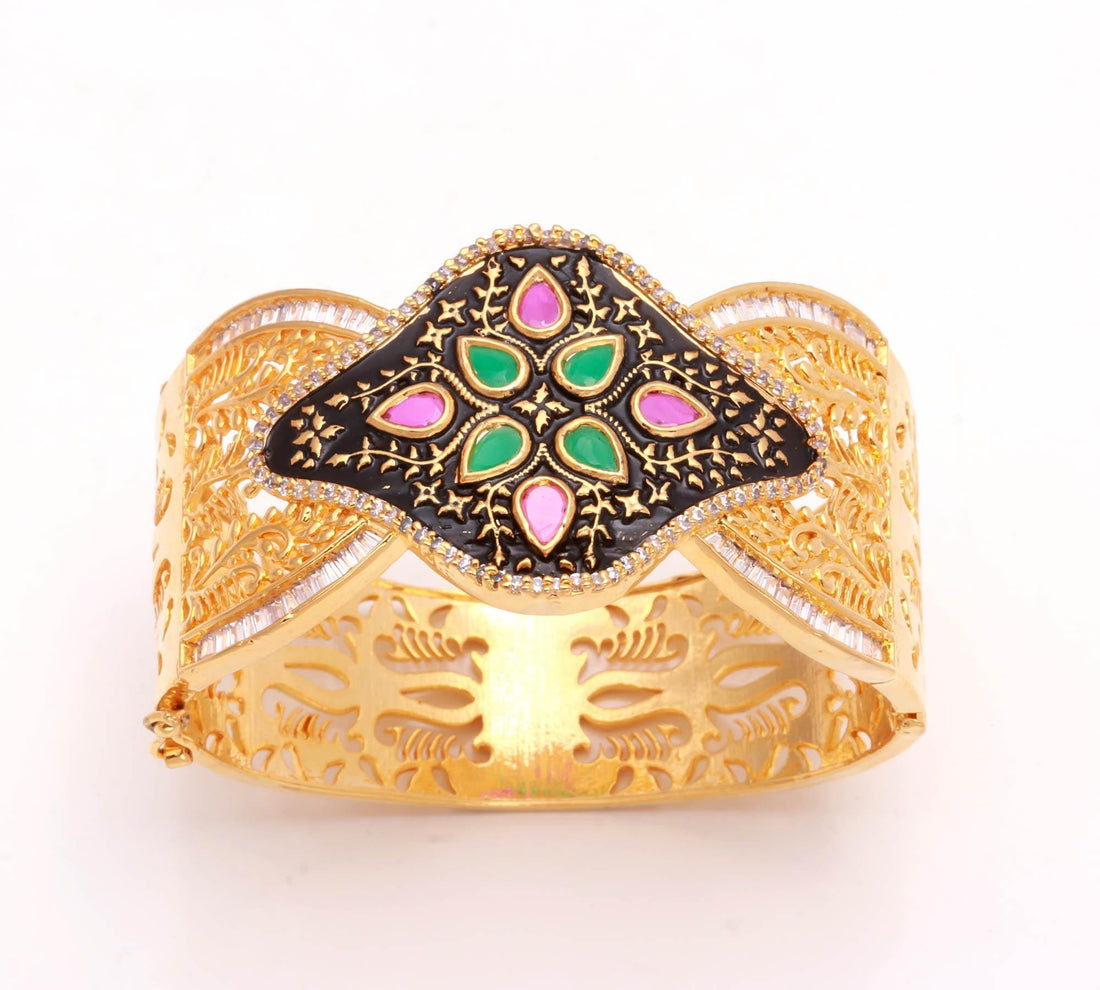 Meenakari Antique Ruby Emerald Bracelet | 22K Gold Plated Adjustable Bangle | Bridal Jewelry | Wedding Party Wear Bracelet  | Gift for Her — 4