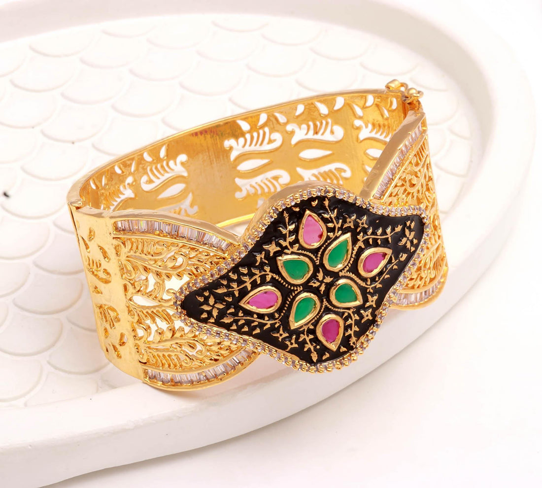 Meenakari Antique Ruby Emerald Bracelet | 22K Gold Plated Adjustable Bangle | Bridal Jewelry | Wedding Party Wear Bracelet  | Gift for Her — 2