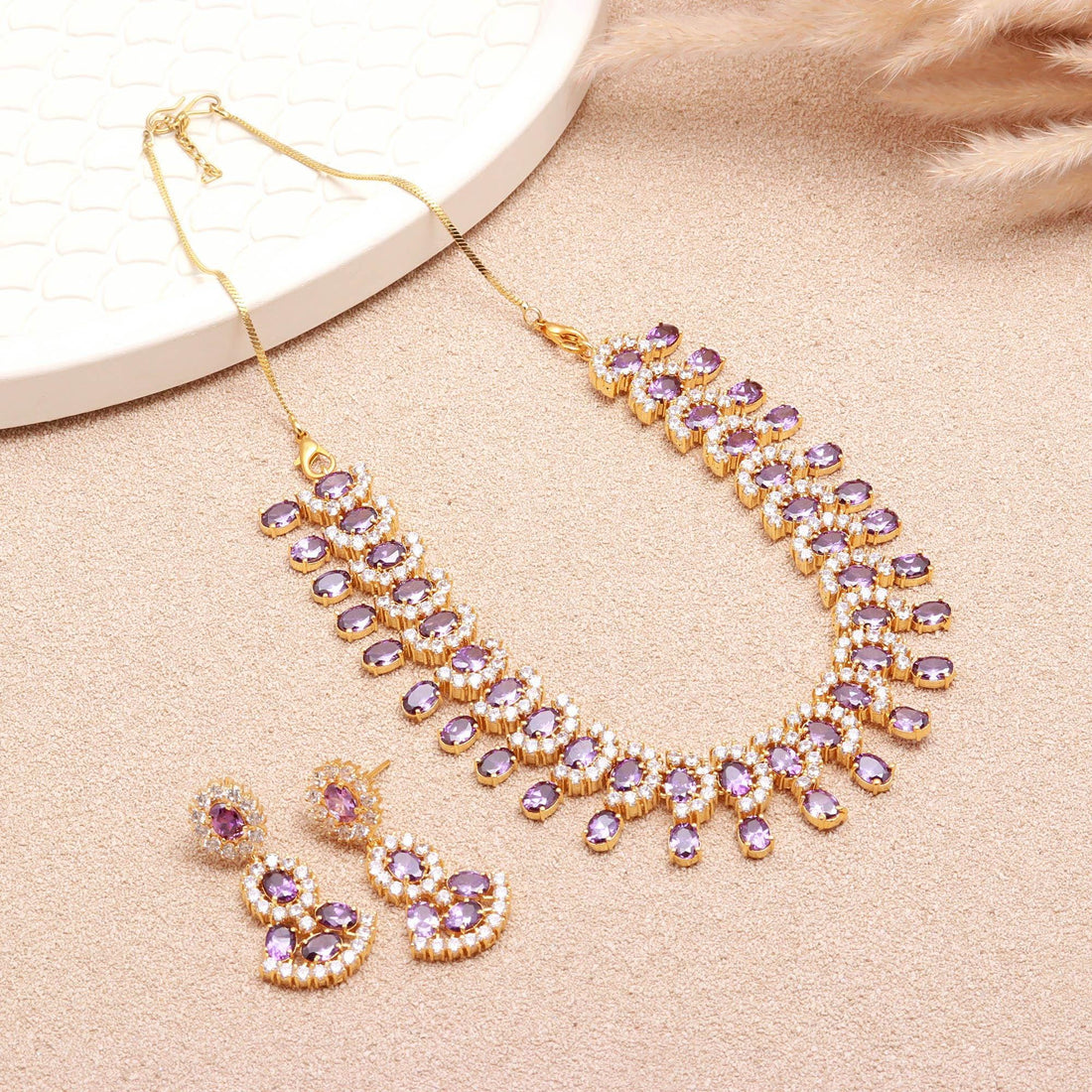 African Amethyst Oval Statement Necklace Set | 22K Gold Plated Bridal Necklace | Wedding Jewelry | Festive Necklace  | Gift for Her — 3
