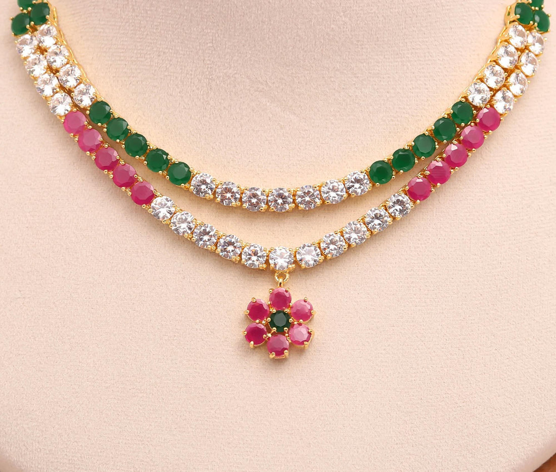 Krishna Ladu Gopal Necklace | Ruby Emerald White CZ Kanthi Mala | 22K Gold Plated Brass Idol Shringar | Janmashtami Pooja Temple Decoration — 2