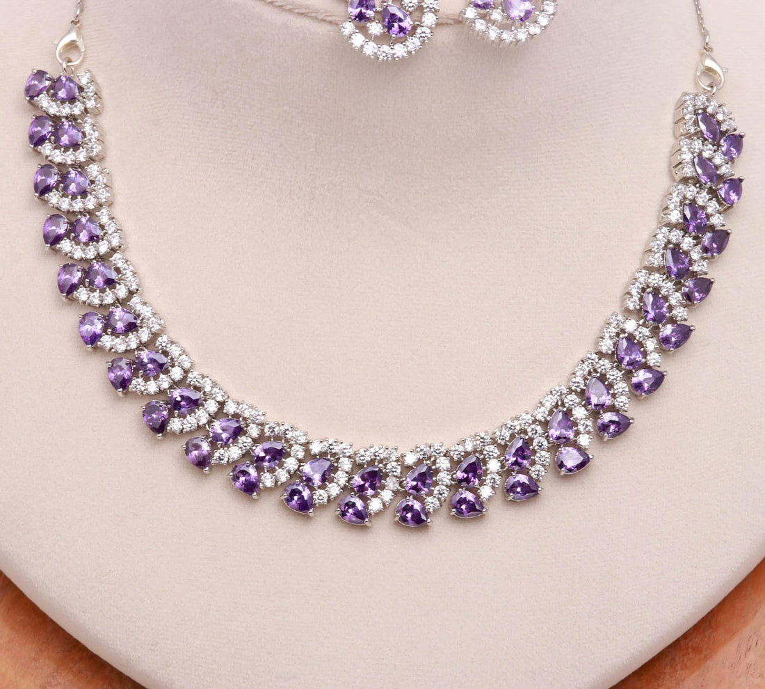 African Amethyst Necklace Set | Pear Oval Stone 22K Gold Plated Necklace  | Bridal Jewelry | Gift for Her | South Indian Jewelry — 4