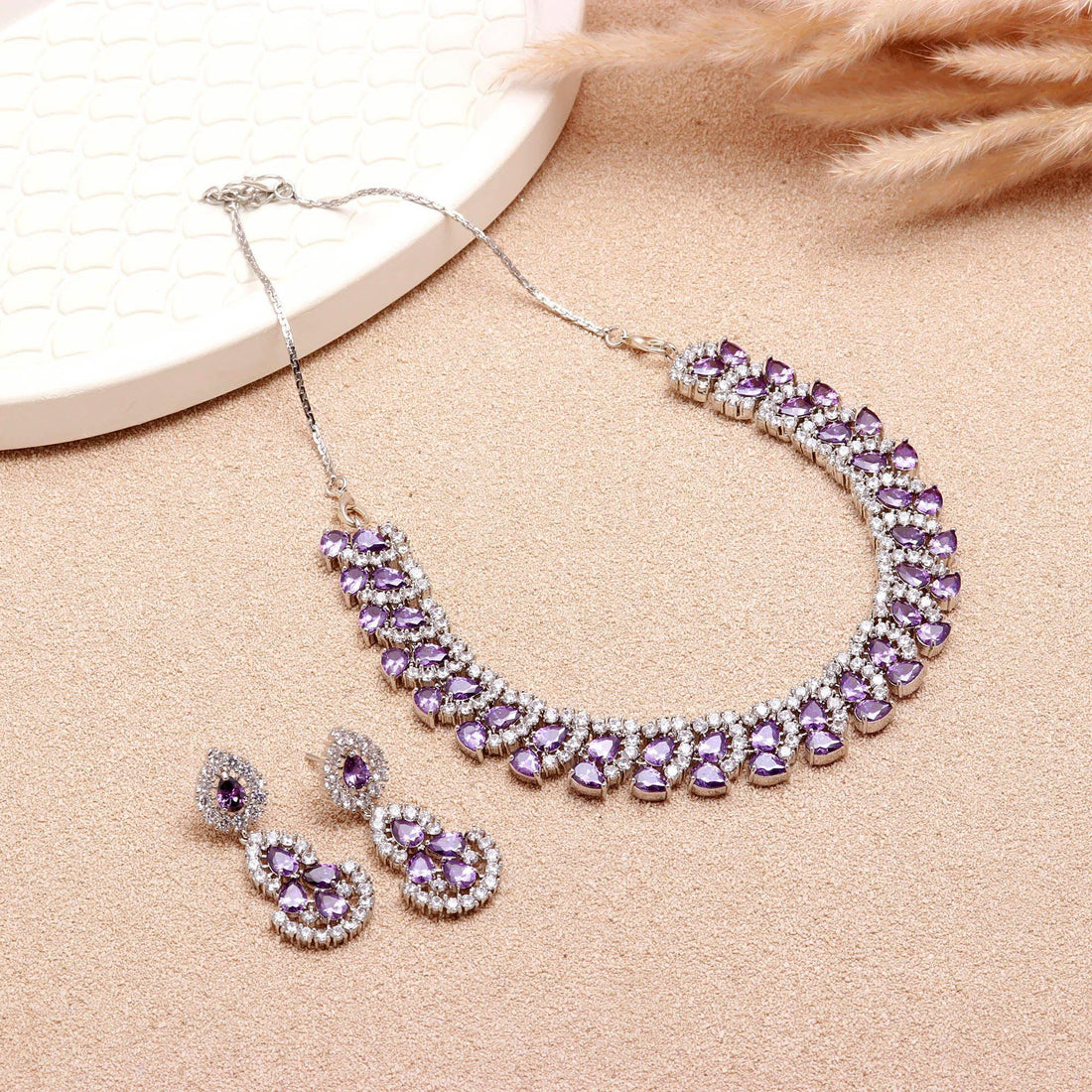 African Amethyst Necklace Set | Pear Oval Stone 22K Gold Plated Necklace  | Bridal Jewelry | Gift for Her | South Indian Jewelry — 2