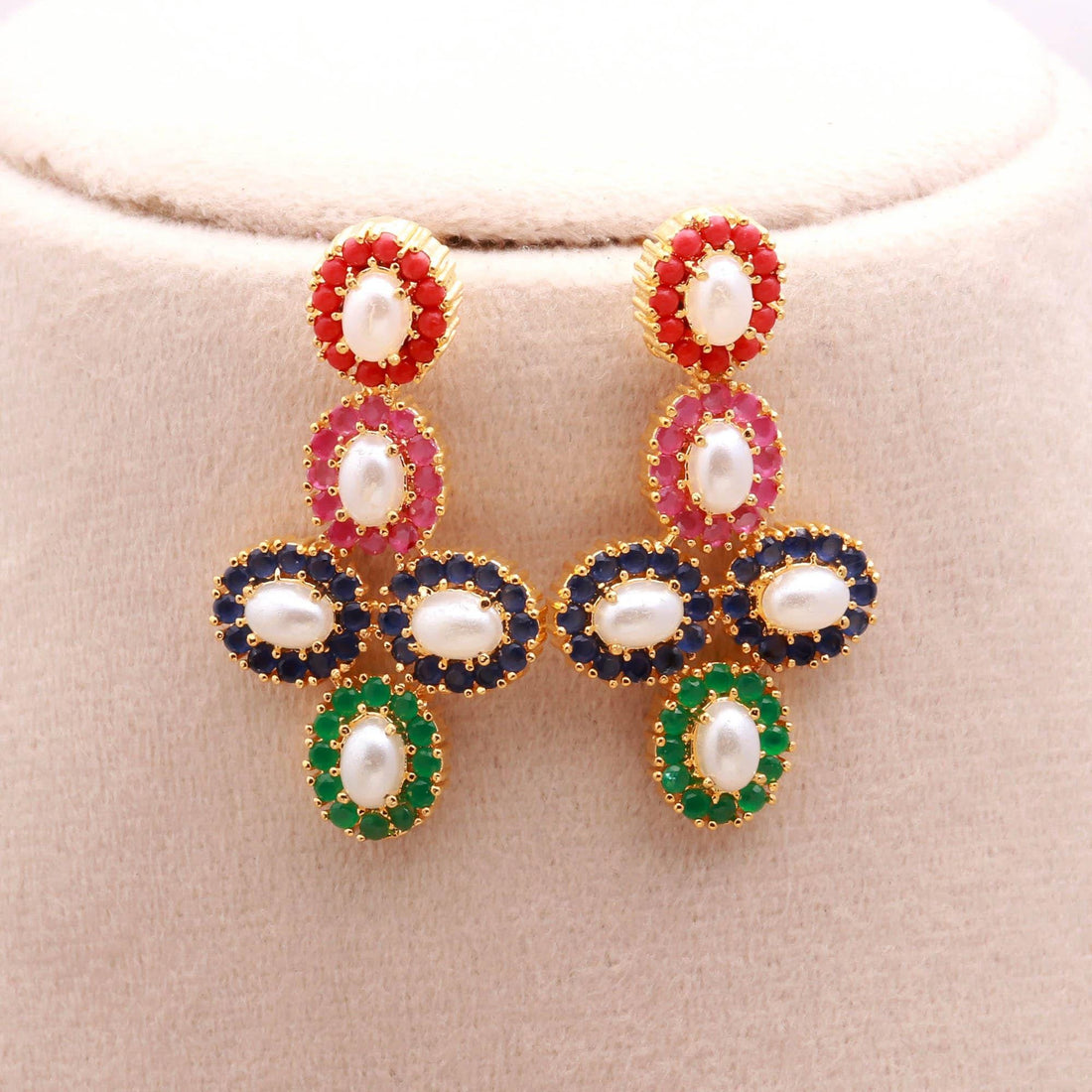 2-Line Multi Gemstone & Pearl Flower Necklace Set | 22K Gold Plated Bridal Wedding Necklace | Traditional Statement Necklace |Gift For Women — 4